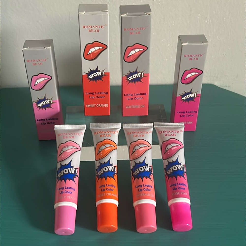 New in Box 4 Piece Assorted Multi-Color Long Lasting Peel Off Lip Stain Set